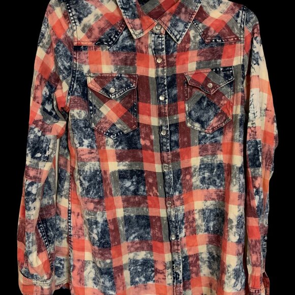 Justify Collar Denium Western Double Pocket Button Snap Pearl Plaid Women L Red - Picture 2 of 6